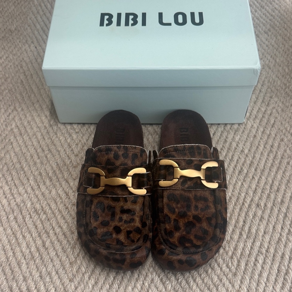 Bibi Lou Leopard Print Slip-On Mules with Gold Hardware